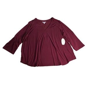 Boutique Plus Women's Burgundy V-Neck 3X Rolled Sleeve Blouse‎ Top